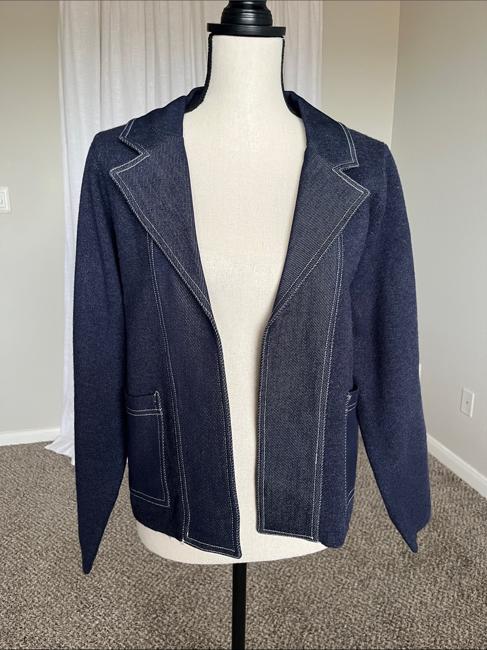 Sioni Dark Blue Knit Blazer Cardigan Sweater Size L Stretch